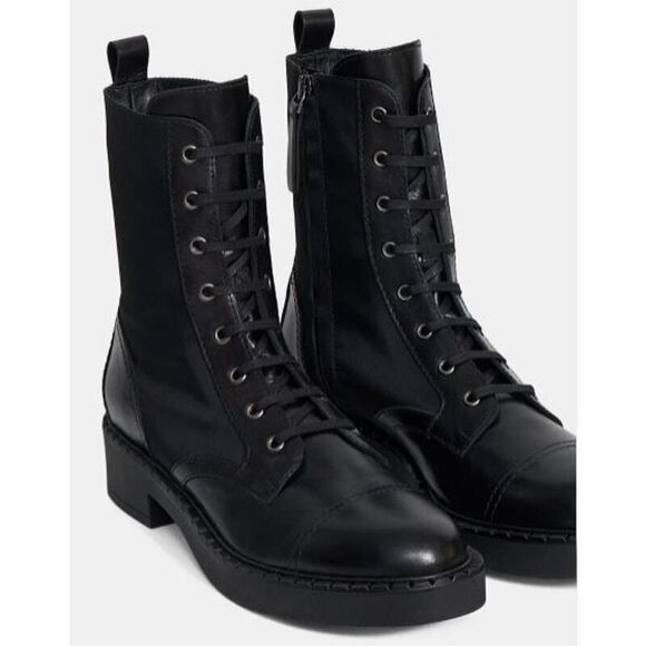 Theory Women's Laced Boot Combat Nylon Leather Booites Black NIB 598 Sz 40 - Picture 3 of 16